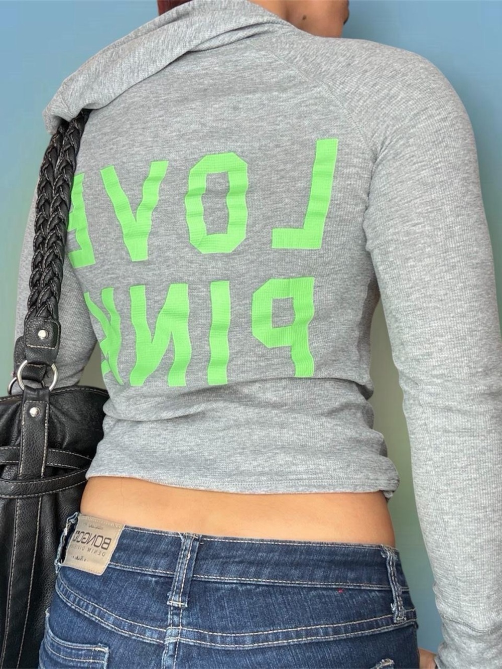 PINK Victoria's Secret Gray Long-Sleeve Hoodie with Neon Green Logo